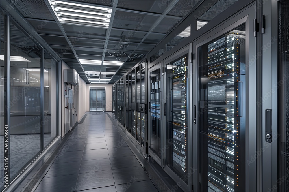 Poster visuals showcasing a server room with specialized cooling systems and ventilation, maintaining optim