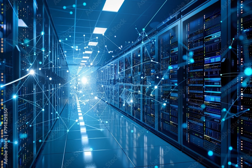 Poster visuals showcasing a server room with specialized cooling systems and ventilation, maintaining optim