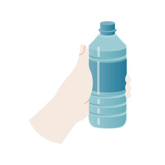 White skin tone hand hold a blue plastic bottle isolated on white background. Modern vector flat illustration. Social Media Ads. Healthy lifestyle.