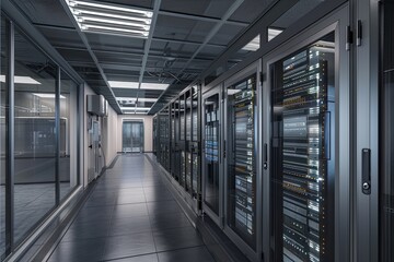 Visuals showcasing a server room with specialized cooling systems and ventilation, maintaining optimal temperatures for the efficient operation of servers and networking equipment - 791829831