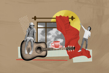 Creative collage picture young dreamy man sitting guitar player performer window curtains cup drink beverage drawing background