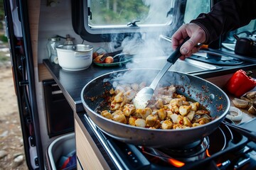 A person is cooking potatoes in a frying pan inside a campervan, showing a cozy RV lifestyle experience