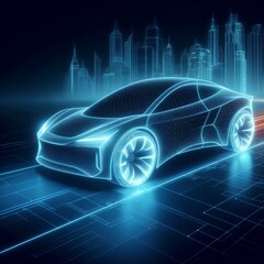 Generic abstract futuristic Glowing Concept Car neon wireframe banner with copyspace empty area.