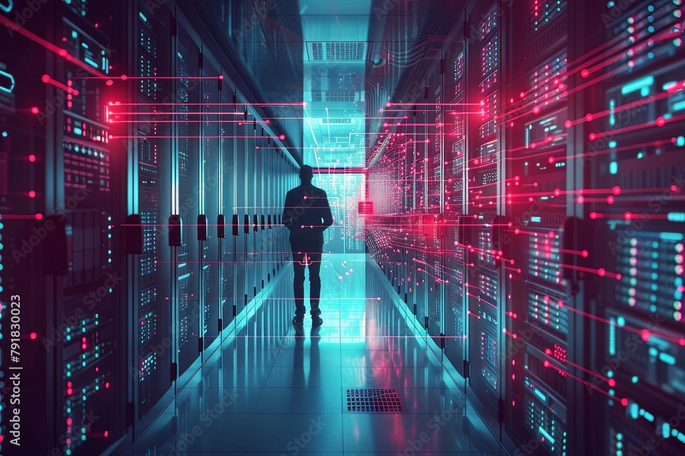 Poster artwork portraying cybersecurity measures implemented in a data center, such as firewalls, encryptio