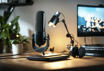 'closeup table lamp air laptop Microphone interior podcast studio Home content stream creator...