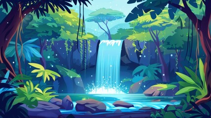 Stream cascades over rocks and trees in tropical jungle. Modern cartoon illustration of summer exotic landscape. - obrazy, fototapety, plakaty