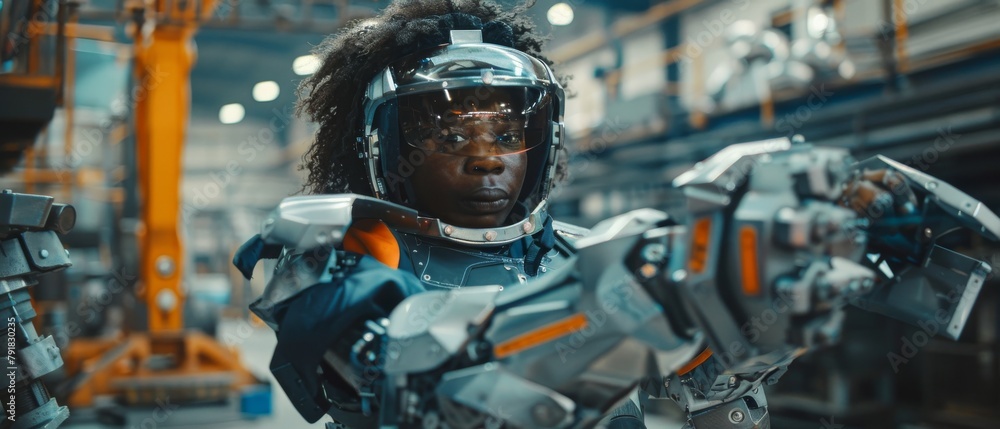 Poster using a futuristic bionic exoskeleton to pick up metal objects in a steel factory. heavy lifting ste