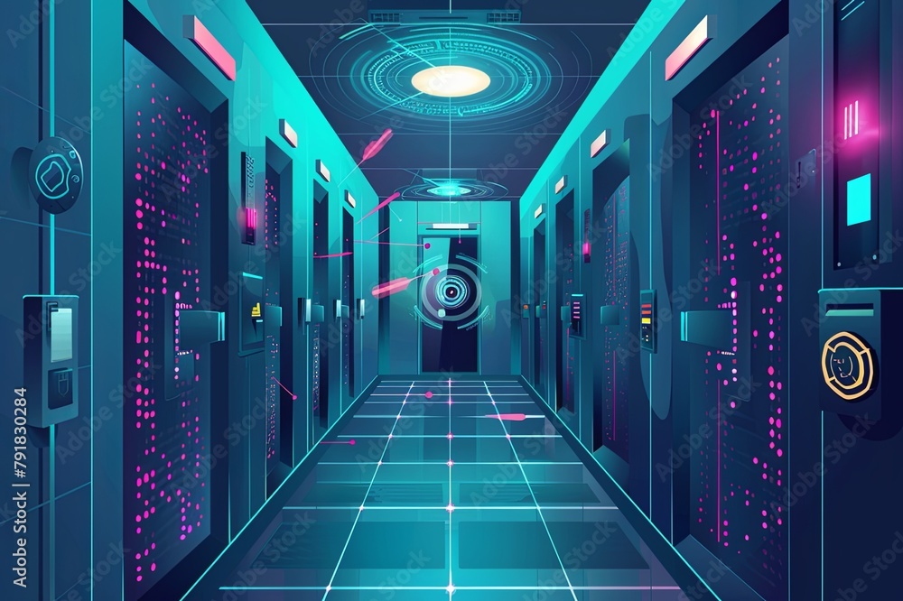 Poster illustrations showcasing biometric access control systems and surveillance cameras, enhancing physic