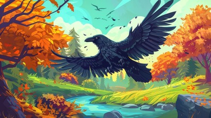 The black raven flies in an autumn forest on the bank of the river. Modern cartoon illustration of fall landscape with a stream of water, green grass, orange bushes, trees and a wild crow that - obrazy, fototapety, plakaty