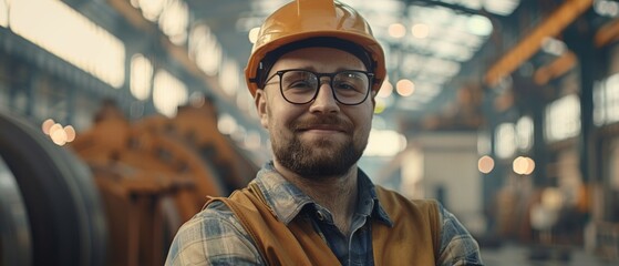 Photograph of a professional heavy industry engineer worker wearing glasses and a hard hat in a steel factory and smiling at the camera. Industrial specialist in metal construction manufacturing. - obrazy, fototapety, plakaty