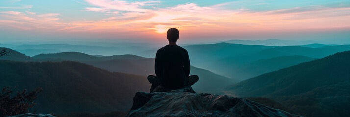 A tranquil scene of a man meditating on a mountain summit as the sun rises