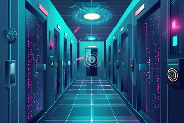 Illustrations showcasing biometric access control systems and surveillance cameras, enhancing physical security within the data center facility and preventing unauthorized entry - 791830284