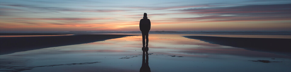 An individual standing alone on a beach, with their reflection in the water under a dusky sky