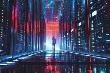 Images highlighting the scale and complexity of a server room environment, with technicians working among towering racks, emphasizing the critical role of data centers in modern digital operations - 791830422