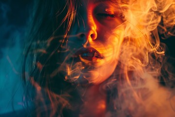swirling smoke and mysterious colored lights creating a magical and ethereal atmosphere around a young woman