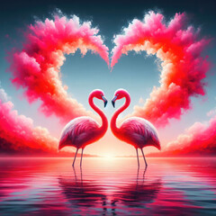 Generative AI the beauty of two loving flamingos, An affectionate and beautiful scene of two flamingos in a pink-colored lake, a loving and beautiful scene of two flamingos in a pink-colored lake