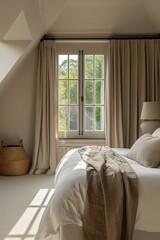 A serene bedroom with natural light beaming through large windows offering a view of lush greenery, creating a restful environment