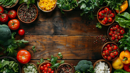 Fototapeta na wymiar Healthy eating concept with fresh vegetables and salad bowls on kitchen wooden worktop, copy space at right, top view, hyperrealistic food photography