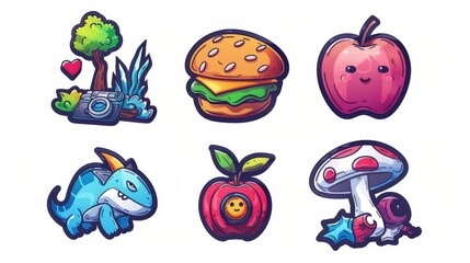 Modern cartoon set of comic patches with girl, hamburger, apple, mushroom, and ufo. Button badges designed in trendy contemporary design.