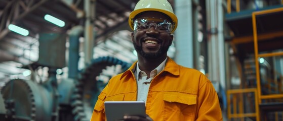 An African American industrial specialist wearing a safety uniform and hard hat walks in a metal manufacturing facility while using a tablet computer.