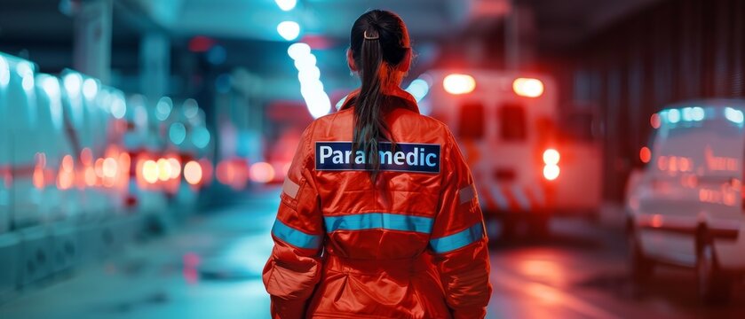 This is a beautiful, professional picture of a female EMS Paramedic. She proudly stands with her back to the camera in a high visibility medical orange uniform with the text "Paramedic". She is a