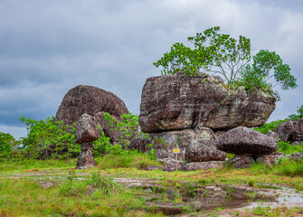 Mystic landscape of rock formations and greenery in San Jose del Guaviare, Colombia under a cloudy...