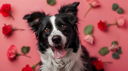 Affectionate Border Collie with Gentle Gaze Against Romantic Pink Floral Background