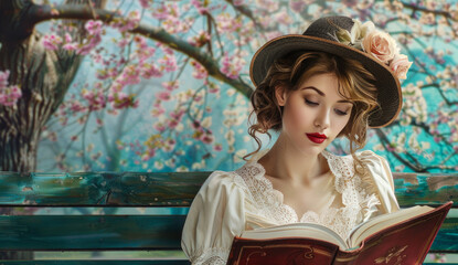 A beautiful woman enthusiastically reads a book in a green park, sitting on a bench. concept of relaxation and self-education.