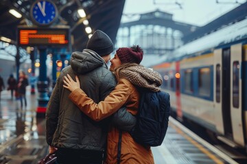 Two individuals hugging each other warmly at a busy train station, capturing the intimacy amidst public hustle