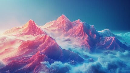 Mountains with white clouds as background, glowing 3d objects.