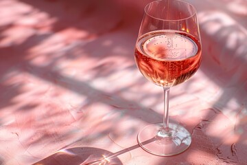 A glass of pink wine on a pink background. - obrazy, fototapety, plakaty