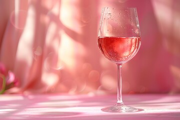 A glass of pink wine with a pink background.