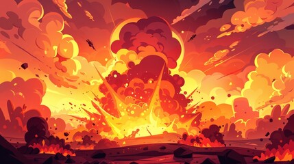 A fire background, a cartoon landing page with the red bomb explosion clouds over the burned land. Boom effect, smoke, UI design with detonation, atomic explosion modern design. - obrazy, fototapety, plakaty