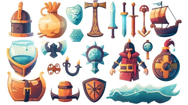Illustration of medieval knights, norse barbarians, and potions in viking helmets, swords, ships, and celtic crosses. Modern comic illustration set.