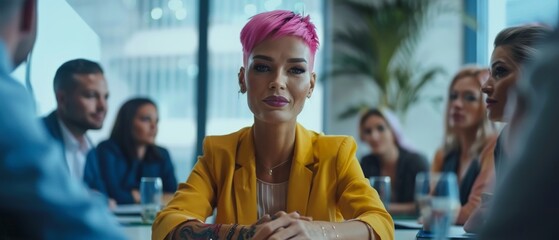 Stunning Woman with Pink Hair Discusses Firm Strategy in Conference Room with Diverse Team of Business Professionals. Creative Startup Team Discusses Big Project with Diverse Business People.