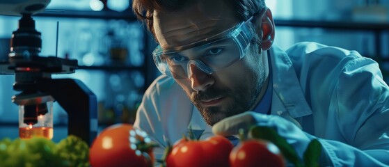 Microbiologist analysing a lab-grown tomato with advanced microscope. Microbiologist working on molecule samples in modern laboratory.