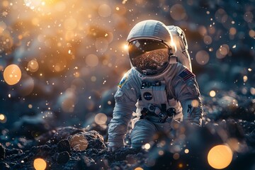 An astronaut is walking on a distant planet. The astronaut is wearing a spacesuit and carrying a backpack. The planet's surface is covered in rocks and dust. There is a bright light in the distance.