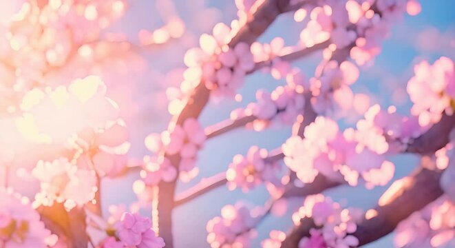 A beautiful painting of cherry blossoms in the spring. The delicate yet vivid colors of the petals against a backdrop of soft blue skies create a sense of peace and tranquility. The intricate details 