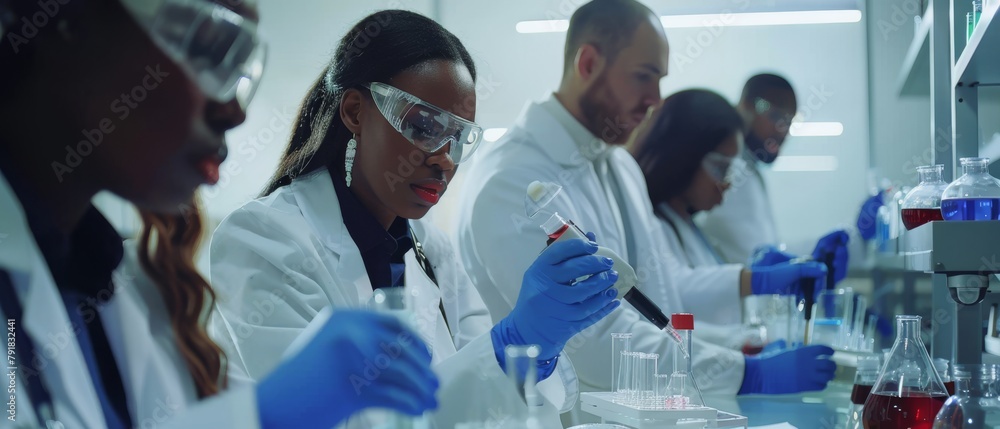 Poster a diverse team of young scientists analyzes test samples in an advanced lab equipped with high-tech 