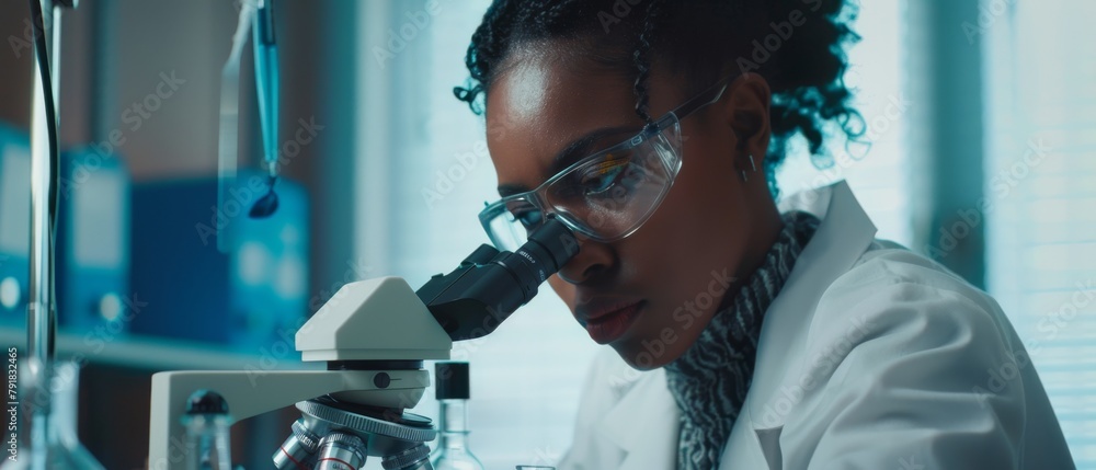 Poster portrait of attractive black scientist using a microscope to analyze test samples. ambitious young b