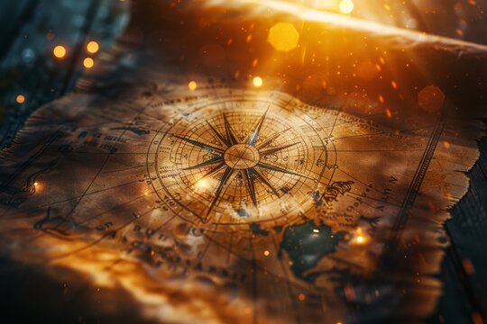 An old map with a compass on it. The map is lit by a warm light.