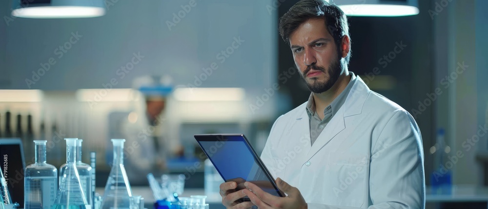 Aufkleber photograph of a handsome male scientist analyzing data on a tablet computer in an advanced scientifi
