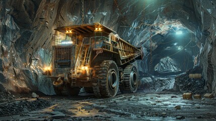 huge backhoe truck inside a mine UNDERGROUND - obrazy, fototapety, plakaty