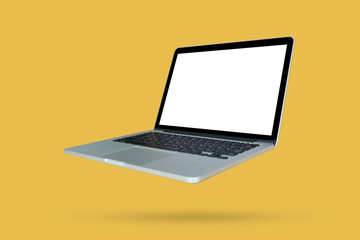 Laptop with blank screen isolated on yellow background - 791832885
