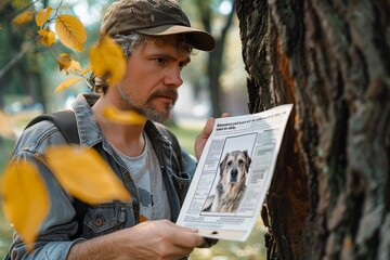 A pensive adult male reads a lost dog notice on a tree, the scenery suggesting an autumn setting