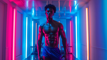 A striking fitness model stands confidently, muscles defined, in a nightclub setting with neon lights casting a dynamic glow.