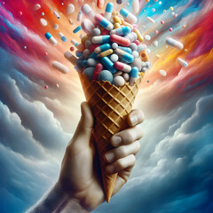 human hand holding ice cream cone with pills - 791833058