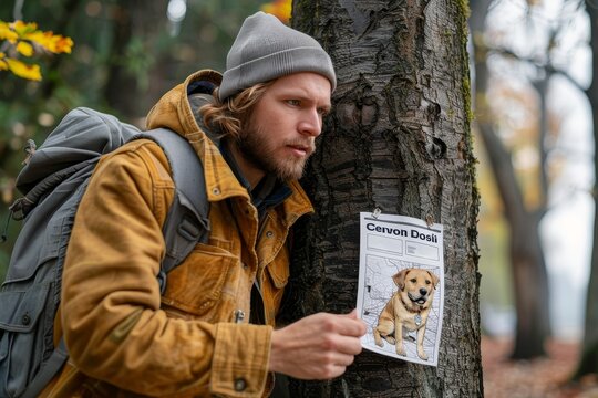 A focused man in a grey hat peers at a lost dog flyer affixed to a tree, in a thoughtful pose