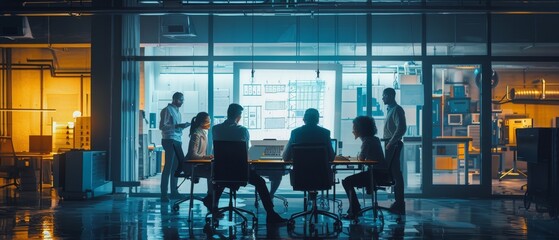 A team of engineers gathers around a conference table in the factory office, examines mechanisms, seeks solutions, uses a laptop. Industrial Technology Factory Meeting Room.