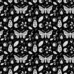 Seamless neo folk art vector pattern with butterfly, moth and flowers, black and white floral design. Neo folk style endless background perfect for textile design.
